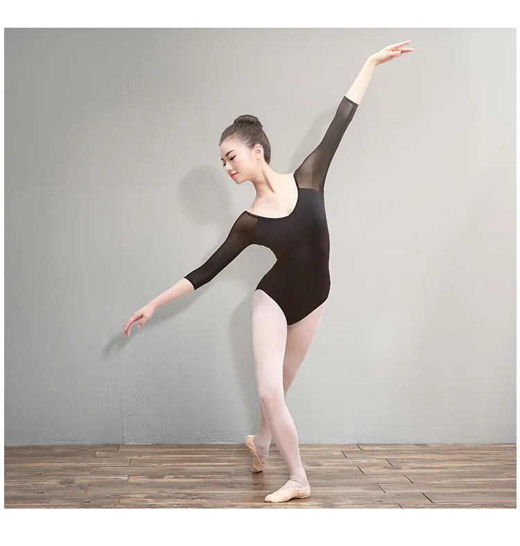 Ballet Leotards for Women Adult Mesh Splice 3/4 Sleeve Dance Bodysuit Black Gymnastics Leotards Cotton Spandex Ballet Bodysuits