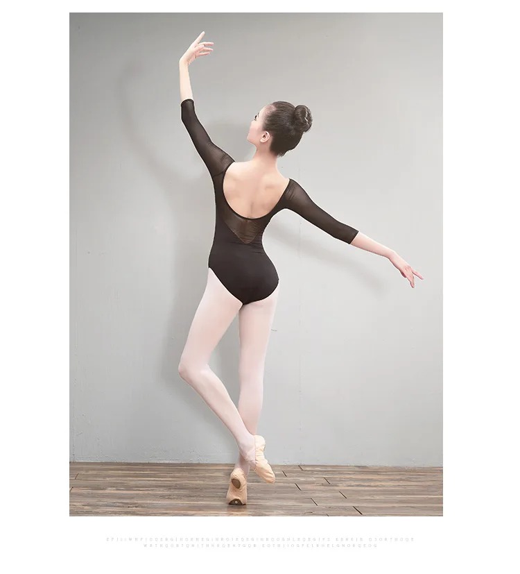 Ballet Leotards for Women Adult Mesh Splice 3/4 Sleeve Dance Bodysuit Black Gymnastics Leotards Cotton Spandex Ballet Bodysuits
