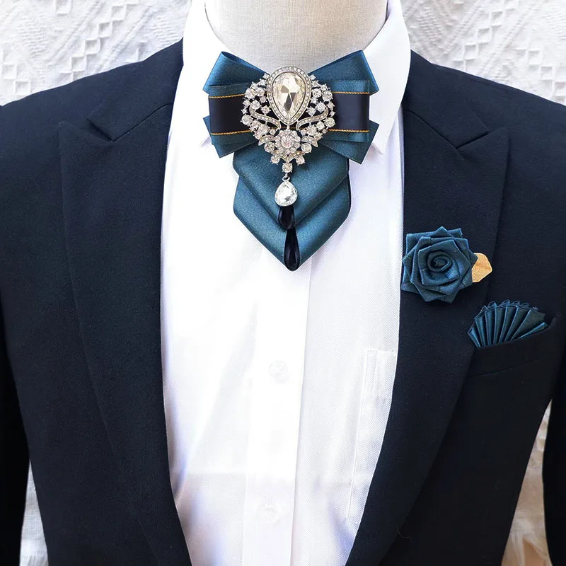 Luxury Rhinestone Bow Tie Brooch Pocket Towel Set Men's High-end Jewelry Gift Fashion New British Korean Men Wedding Accessories
