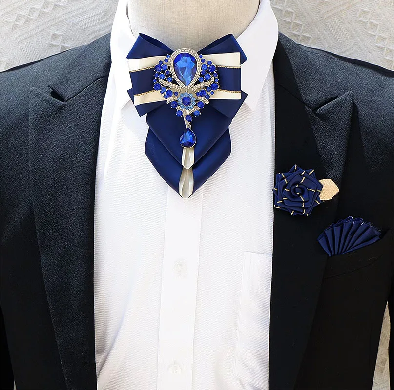 Luxury Rhinestone Bow Tie Brooch Pocket Towel Set Men's High-end Jewelry Gift Fashion New British Korean Men Wedding Accessories