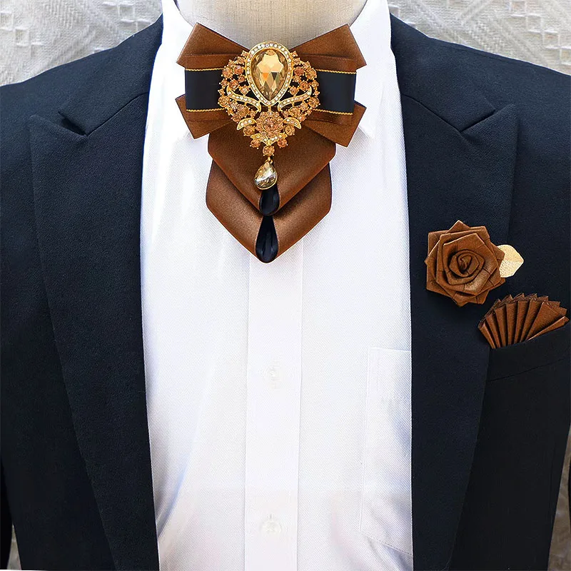Luxury Rhinestone Bow Tie Brooch Pocket Towel Set Men's High-end Jewelry Gift Fashion New British Korean Men Wedding Accessories