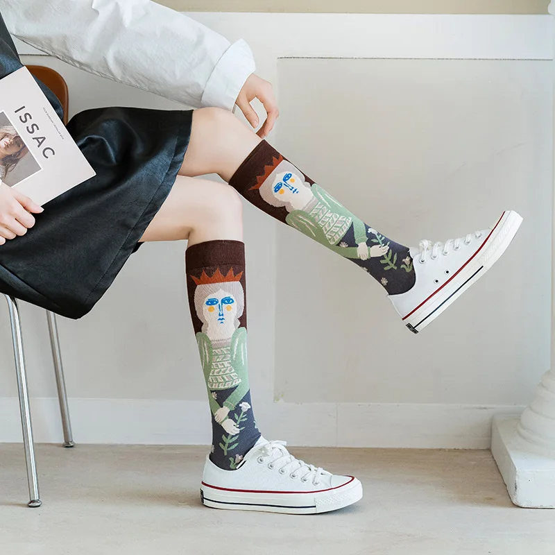 Cotton Retro Style Oil Painting Abstract Leg Medias Long Socks Women Over KneeThigh High Stockings Ladies Girls Warm Knee Socks