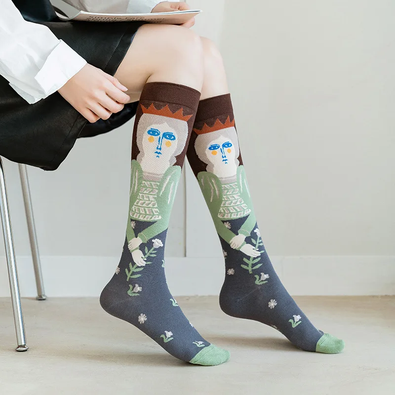Cotton Retro Style Oil Painting Abstract Leg Medias Long Socks Women Over KneeThigh High Stockings Ladies Girls Warm Knee Socks
