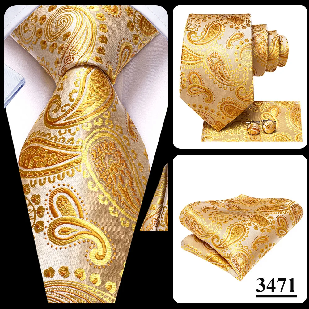 2026 New Design Yellow Gold Paisley Fashion Brand Tie for Men Wedding Party Necktie Handky Cufflinks Gift Wholesale Hi-Tie