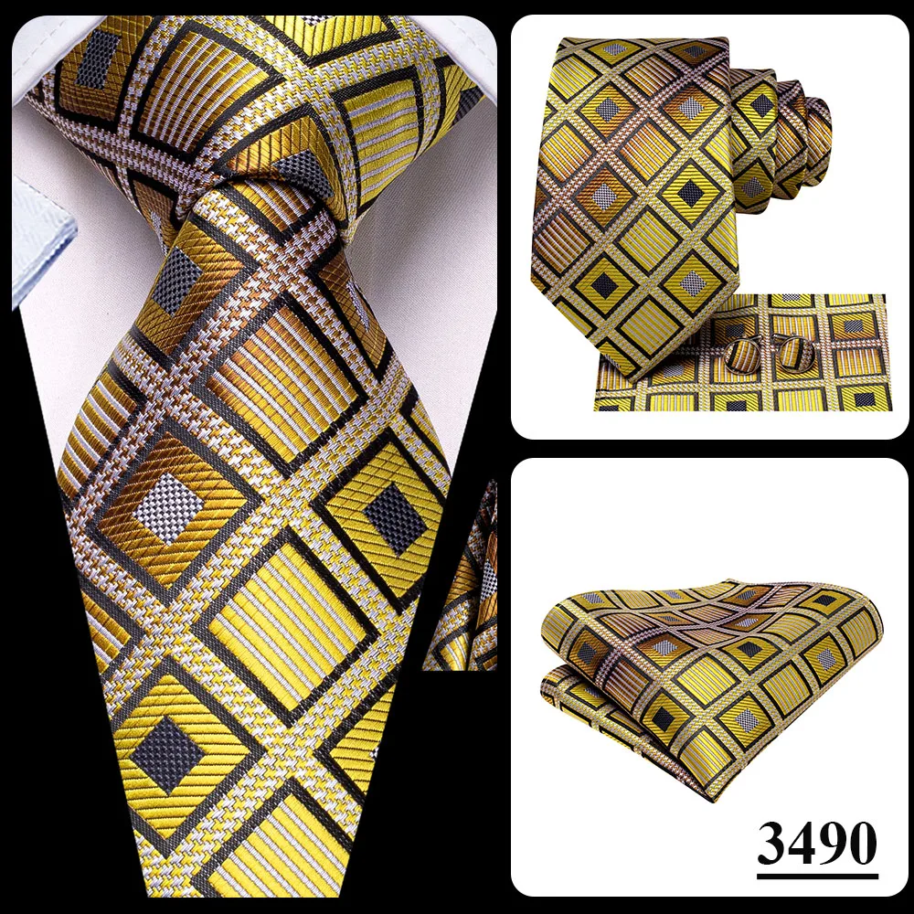 2026 New Design Yellow Gold Paisley Fashion Brand Tie for Men Wedding Party Necktie Handky Cufflinks Gift Wholesale Hi-Tie