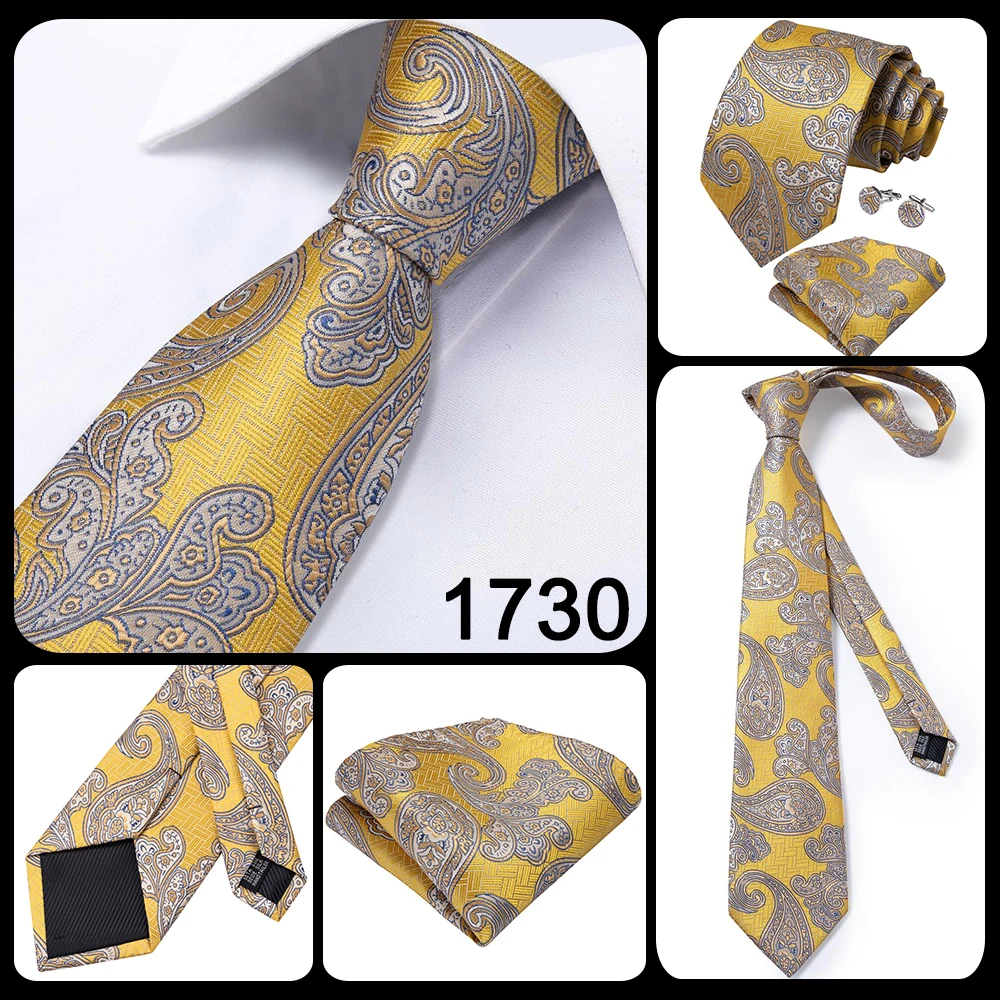 2026 New Design Yellow Gold Paisley Fashion Brand Tie for Men Wedding Party Necktie Handky Cufflinks Gift Wholesale Hi-Tie