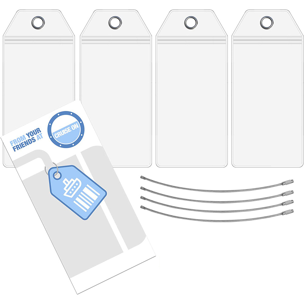 Travel Luggage Cruise Tags Holder Pouch Resealable Waterproof Clear Ship Ticket Card Sleeve Keyring with Steel Wire Cable Loop