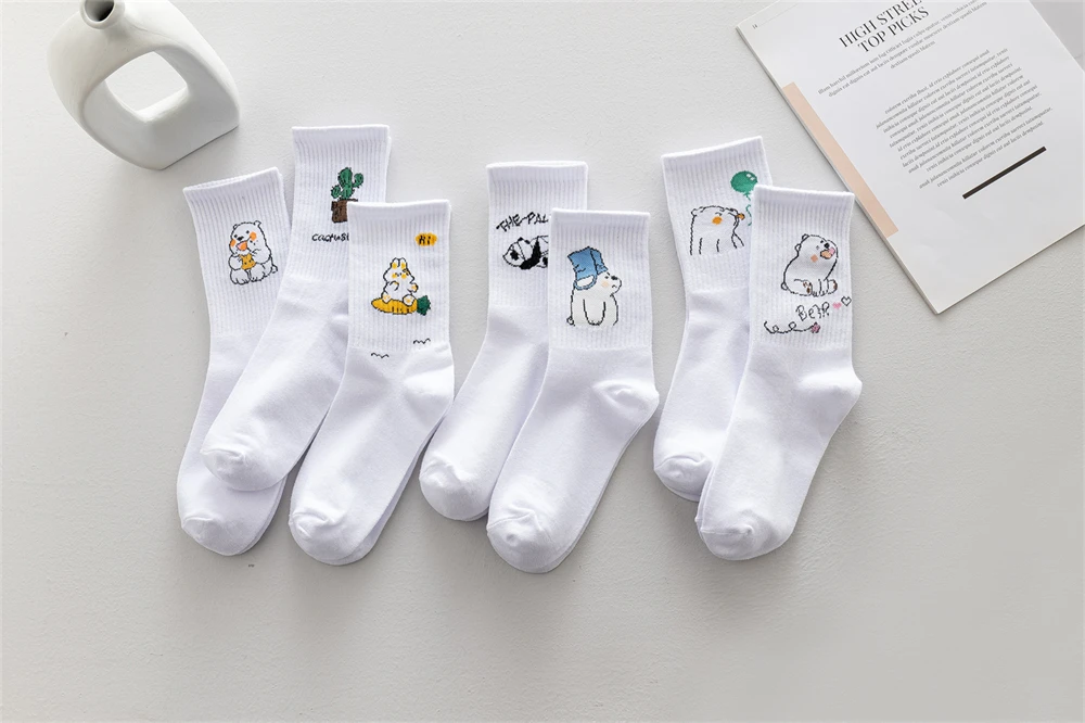 Ins New Autumn Cartoon Bear Panda Rabbit Cactus White Sports Women Soft Cotton Cute Winter Socks Kawaii Hipster Street Graffiti