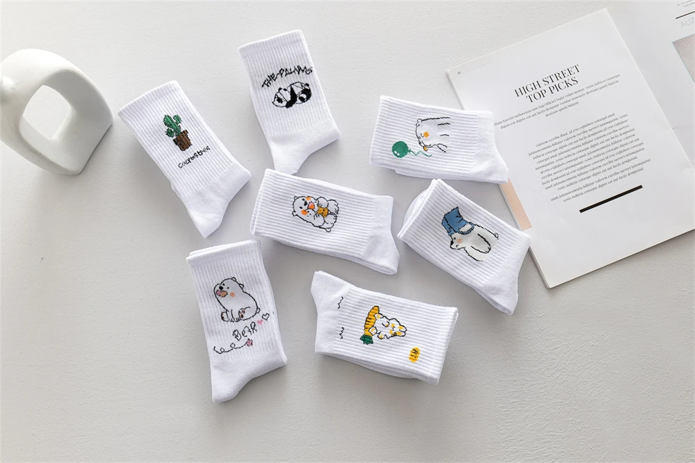 Ins New Autumn Cartoon Bear Panda Rabbit Cactus White Sports Women Soft Cotton Cute Winter Socks Kawaii Hipster Street Graffiti