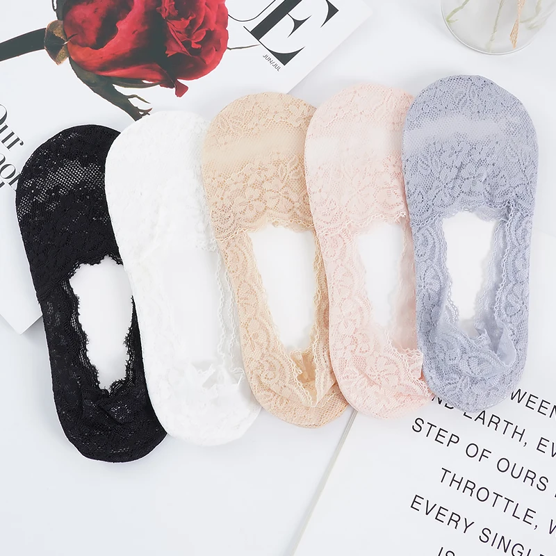 1/2 Pairs Women Lace Cotton Invisible No Show Socks Non-slip Summer Solid Color Short Socks Fashion Ankle Thin Slipper Socks