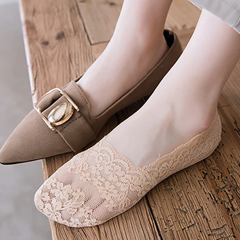1/2 Pairs Women Lace Cotton Invisible No Show Socks Non-slip Summer Solid Color Short Socks Fashion Ankle Thin Slipper Socks