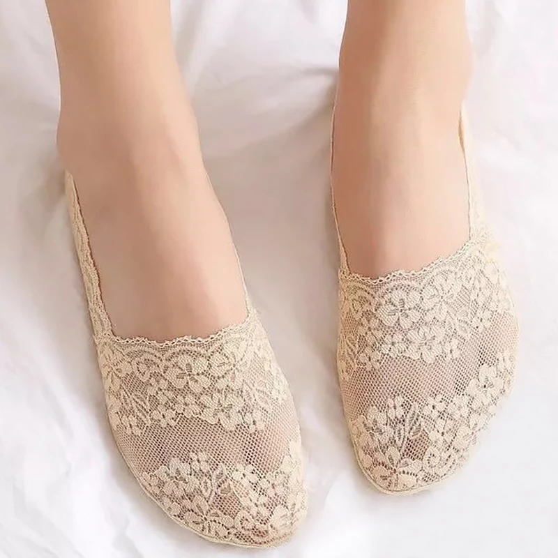 1/2 Pairs Women Lace Cotton Invisible No Show Socks Non-slip Summer Solid Color Short Socks Fashion Ankle Thin Slipper Socks