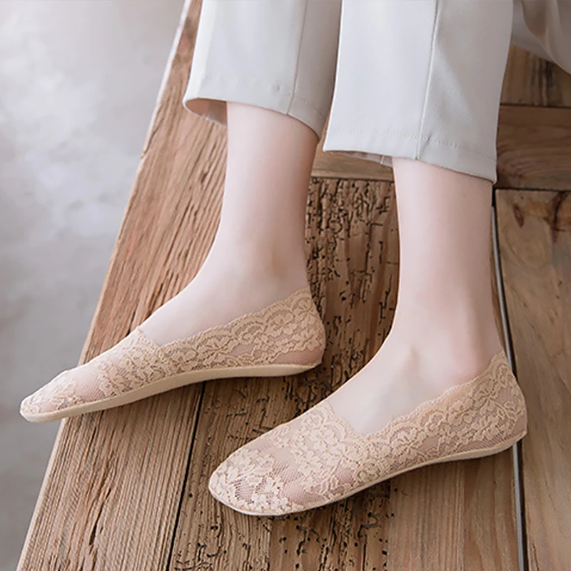 1/2 Pairs Women Lace Cotton Invisible No Show Socks Non-slip Summer Solid Color Short Socks Fashion Ankle Thin Slipper Socks