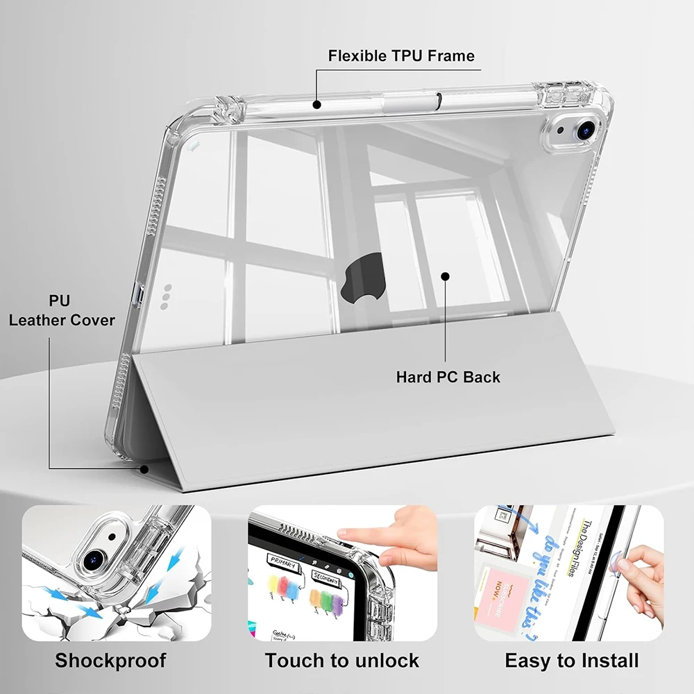 Case for iPad 5 6 7 8 9 10 11 Air 1 2 3 4 5 6 7 Mini 6 7 PC Matte Clear Transparent Acrylic Back Shell Auto Wake/Sleep