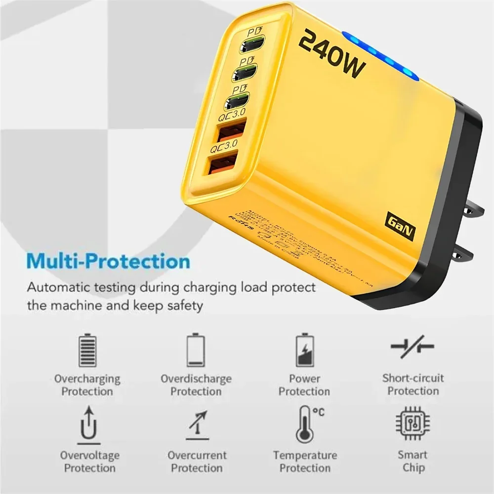 5 Port GaN Fast Charger Type C PD QC 3.0 USB Phone Charger Adapter For iPhone Samsung Xiaomi Huawei Laptop Tablet Fast Charging