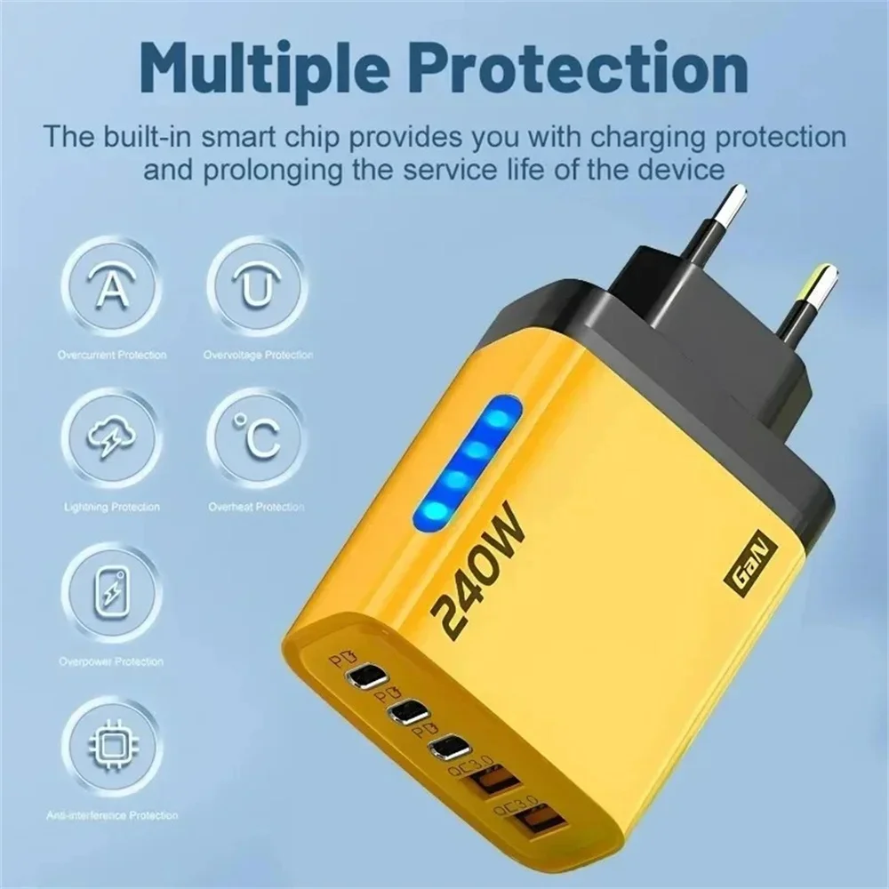 5 Port GaN Fast Charger Type C PD QC 3.0 USB Phone Charger Adapter For iPhone Samsung Xiaomi Huawei Laptop Tablet Fast Charging