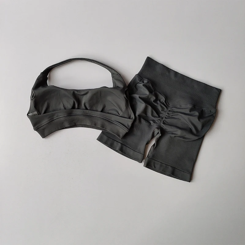 Sexy Halter Neck Beautiful Back High Waist Peach Sports Bras Shorts Suit Pilates Gathering Yoga Vest Training Fitness Bra Sets