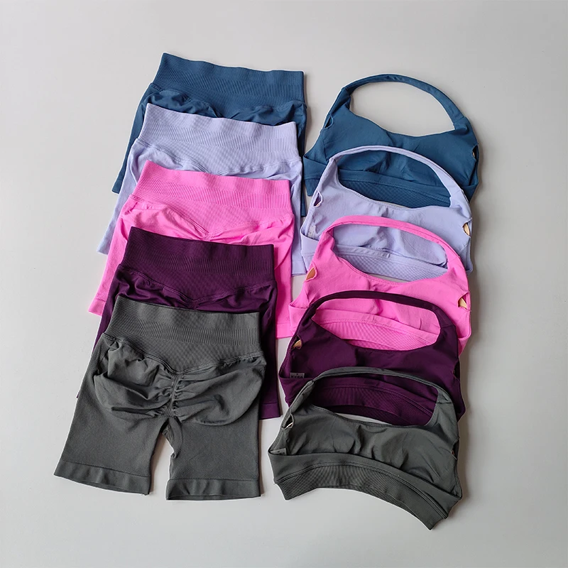 Sexy Halter Neck Beautiful Back High Waist Peach Sports Bras Shorts Suit Pilates Gathering Yoga Vest Training Fitness Bra Sets