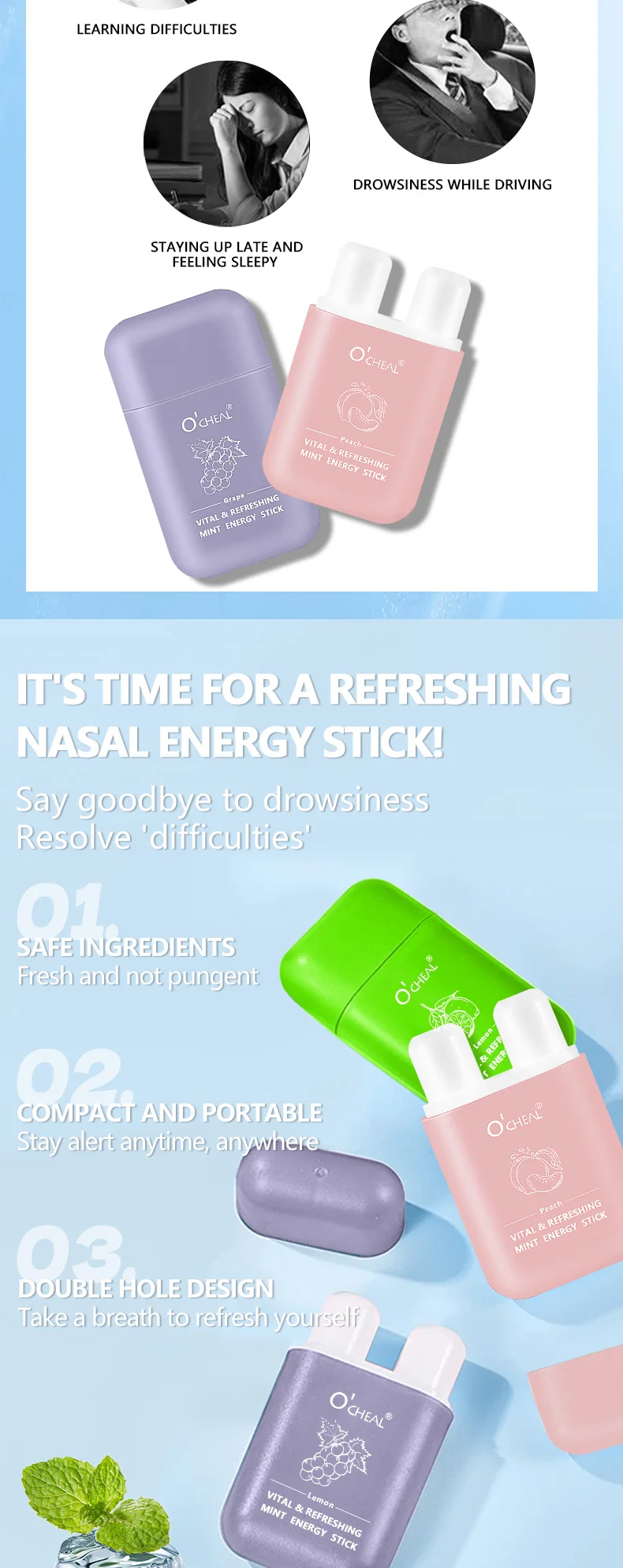 O'cheal Energy Stick Double Hole Energizing Energy Bar Fresh Mint Scent Refreshing Fatigue Relief Inhaler Energy Vapors Stick
