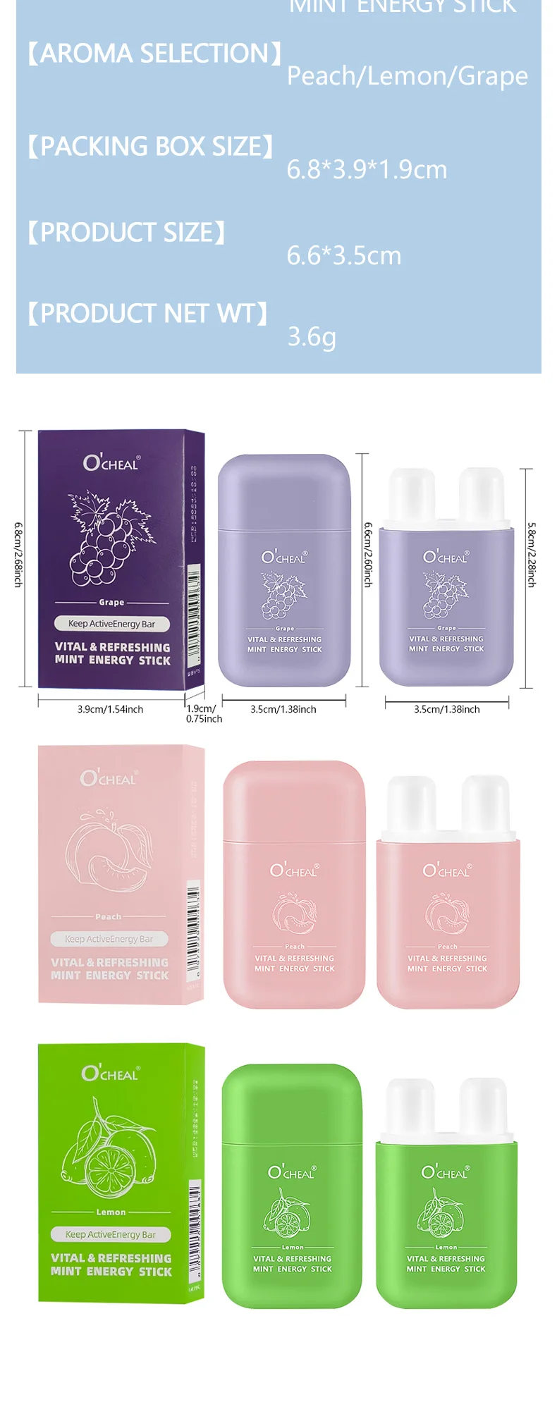 O'cheal Energy Stick Double Hole Energizing Energy Bar Fresh Mint Scent Refreshing Fatigue Relief Inhaler Energy Vapors Stick