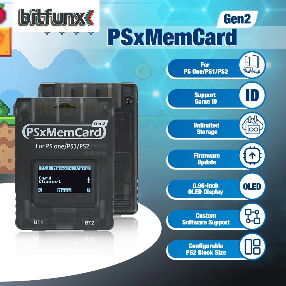 Bitfunx PSxMemCard Gen2 Store Game Saves for PS1 and PS2 Games for PlayStation1 PS one Playstation2 Game Consoles