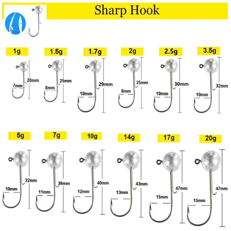 1g 2g 3g 4g -20g All Size Fishing Jig Head Hook for Worm Soft Lure Bait, Round Head Crank Jigging Fishing Hooks