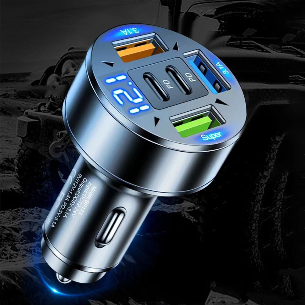 250W 5 Ports Car Charger Fast Charging PD QC3.0 USB C Car Phone Charger Adapter With Voltage For iPhone Samsung Huawei Xiaomi