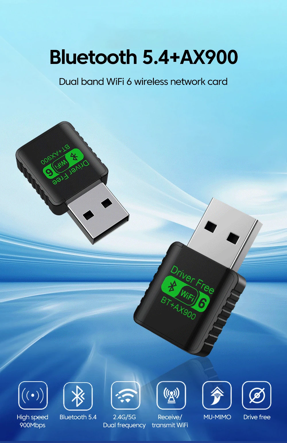 WiFi 6 AX900 Bluetooth 5.4 WiFi USB Adapter Wireless Network Card 2.4G&5GHz Wi-Fi Antenna For PC Driver Free USB WiFi Receiver