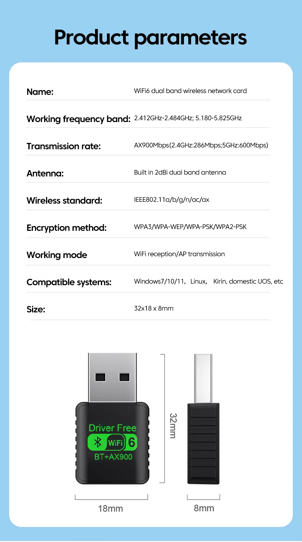 WiFi 6 AX900 Bluetooth 5.4 WiFi USB Adapter Wireless Network Card 2.4G&5GHz Wi-Fi Antenna For PC Driver Free USB WiFi Receiver