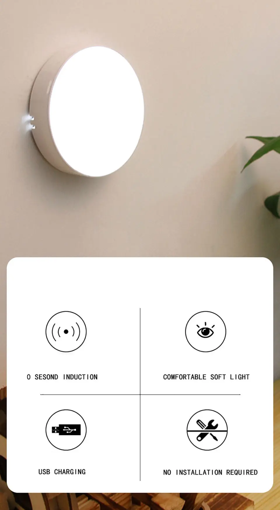 Motion Sensor Light USB Rechargeable Night Light LED Lamp for Kitchen Bedroom Stairs Hallway Cabinet Closet Wardrobe Nightlight
