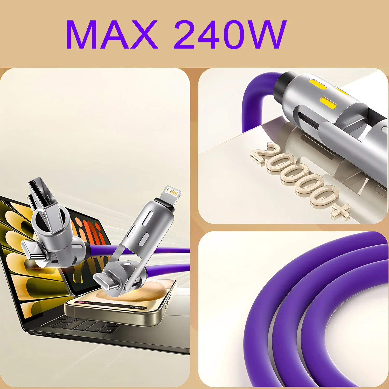 4-IN-1 240W USB Type C To USB C Cable PD Fast Charger Wire For iPhone 16 Pro Max 15 iPad Xiaomi Samsung Tablet 1M Data Cord