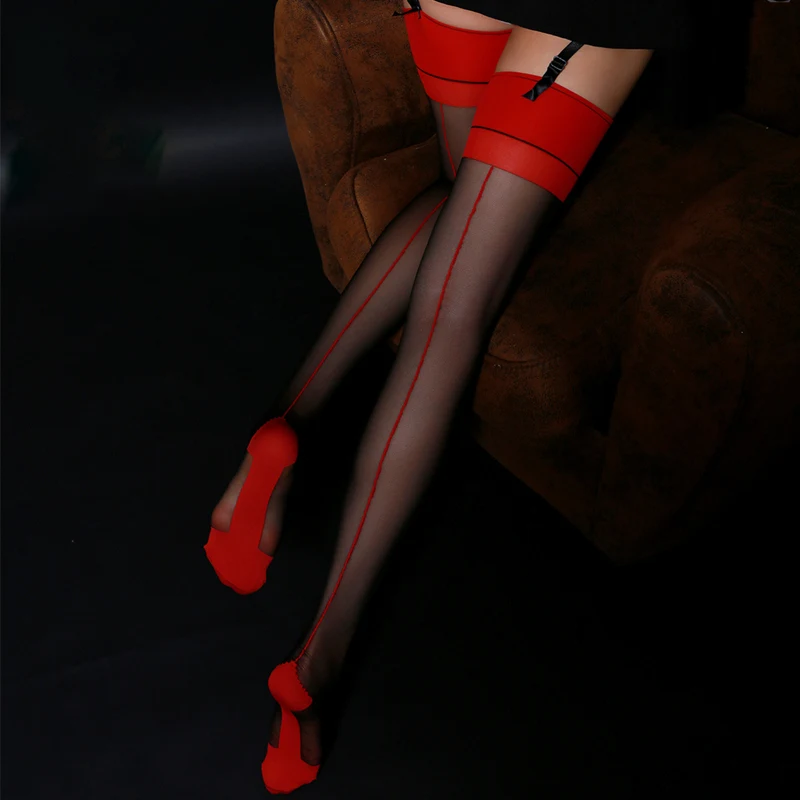 Contrast Color Thigh High Stockings Retro Back Line Seam Slim Medias 10D Ultra Thin Transparent Pantyhose Women Sexy Lingerie