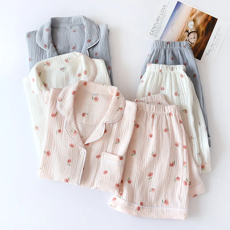 2026 Summer Ladies Short-sleeved Shorts Pajamas Set 100% Cotton Crepe Cloth Thin Home Service Two-piece Spring And Autumn Loose