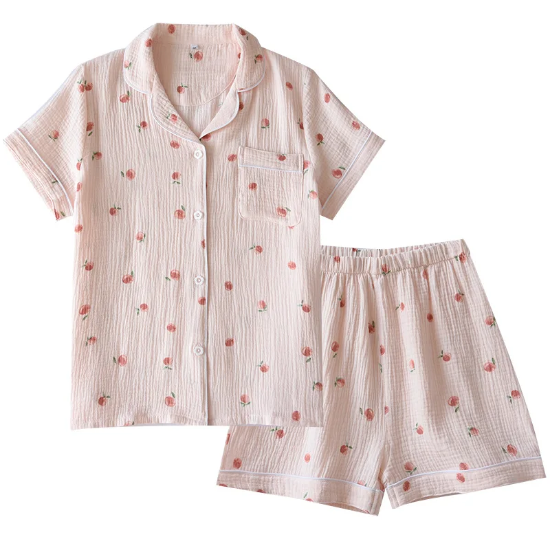 2026 Summer Ladies Short-sleeved Shorts Pajamas Set 100% Cotton Crepe Cloth Thin Home Service Two-piece Spring And Autumn Loose