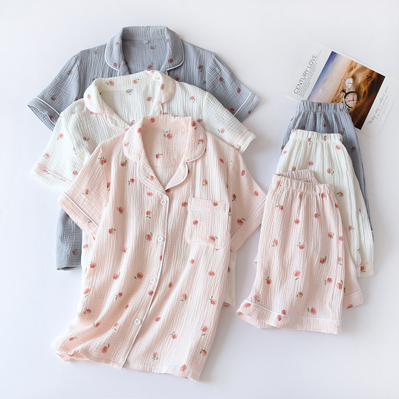 2026 Summer Ladies Short-sleeved Shorts Pajamas Set 100% Cotton Crepe Cloth Thin Home Service Two-piece Spring And Autumn Loose