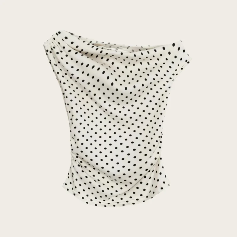 Summer Korean Style Retro Ivory Black Polka Dot Slim Fit Short-Sleeved Off-The-Shoulder T-Shirt
