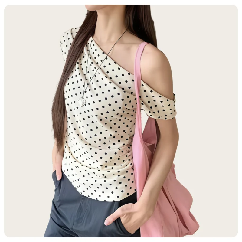 Summer Korean Style Retro Ivory Black Polka Dot Slim Fit Short-Sleeved Off-The-Shoulder T-Shirt