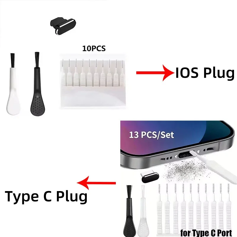 Cell Phone Charging Port Dust Plug with Cleaning Brush for IPhone 15 14 13 16Pro Max Plus Samsung Xiaomi IOS Type C Cleaner Set