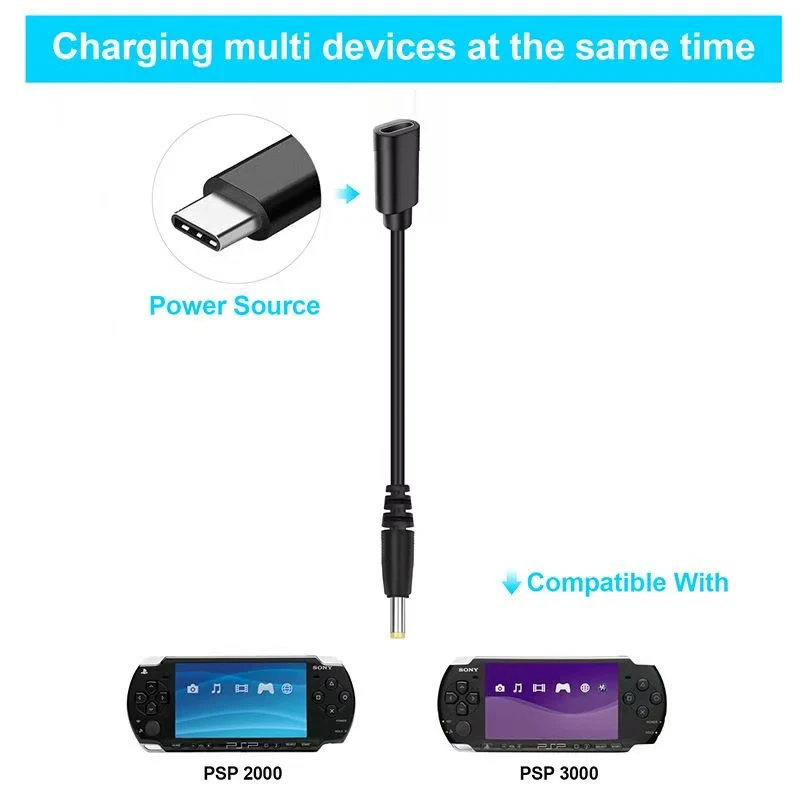USB C Cable for PSP1000 2000 3000 Controller Charging Adapter Type C LED Convert Cord for Sony PSP 3000 Game Console Power Wire