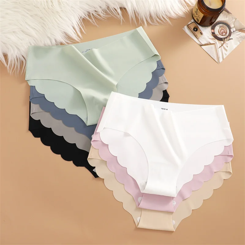 Ice Silk Seamless Panties 4PCS/Set Women's Briefs Solid Color Elastic Underwear Female Ultra Thin No Trace Wavy Side Panties