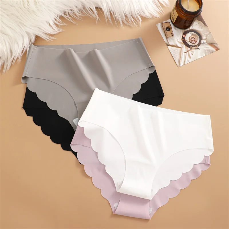 Ice Silk Seamless Panties 4PCS/Set Women's Briefs Solid Color Elastic Underwear Female Ultra Thin No Trace Wavy Side Panties