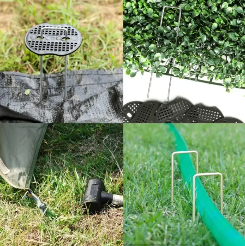 U-type Garden Staples with Pads Metal Fence Tubing Stakes Galvanized Landscape Spikes for Holding Lawns Barrier Ground Nails