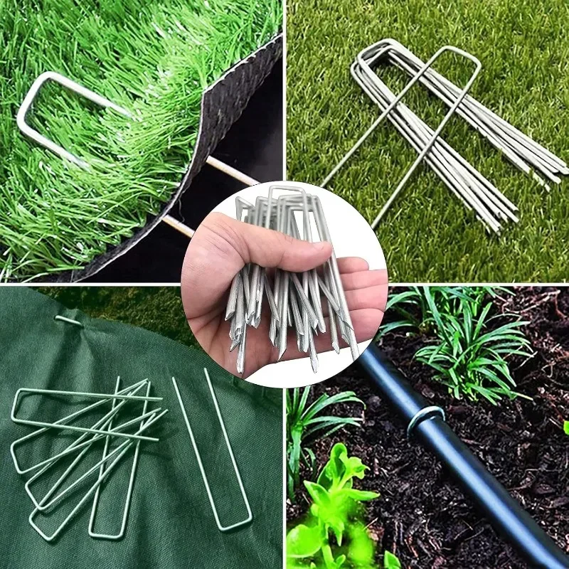 U-type Garden Staples with Pads Metal Fence Tubing Stakes Galvanized Landscape Spikes for Holding Lawns Barrier Ground Nails