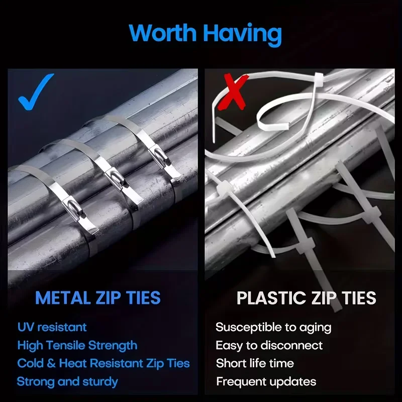 20pcs 10in Stainless Steel Zip Ties | Rustproof Heavy Duty Cable Ties for Automotive, Machinery, Outdoor