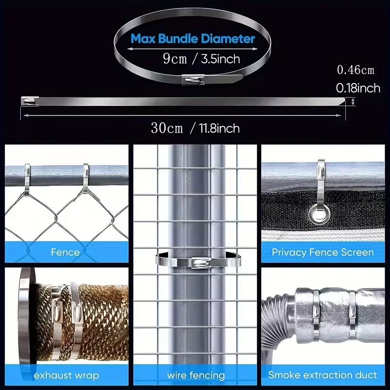 20pcs 10in Stainless Steel Zip Ties | Rustproof Heavy Duty Cable Ties for Automotive, Machinery, Outdoor