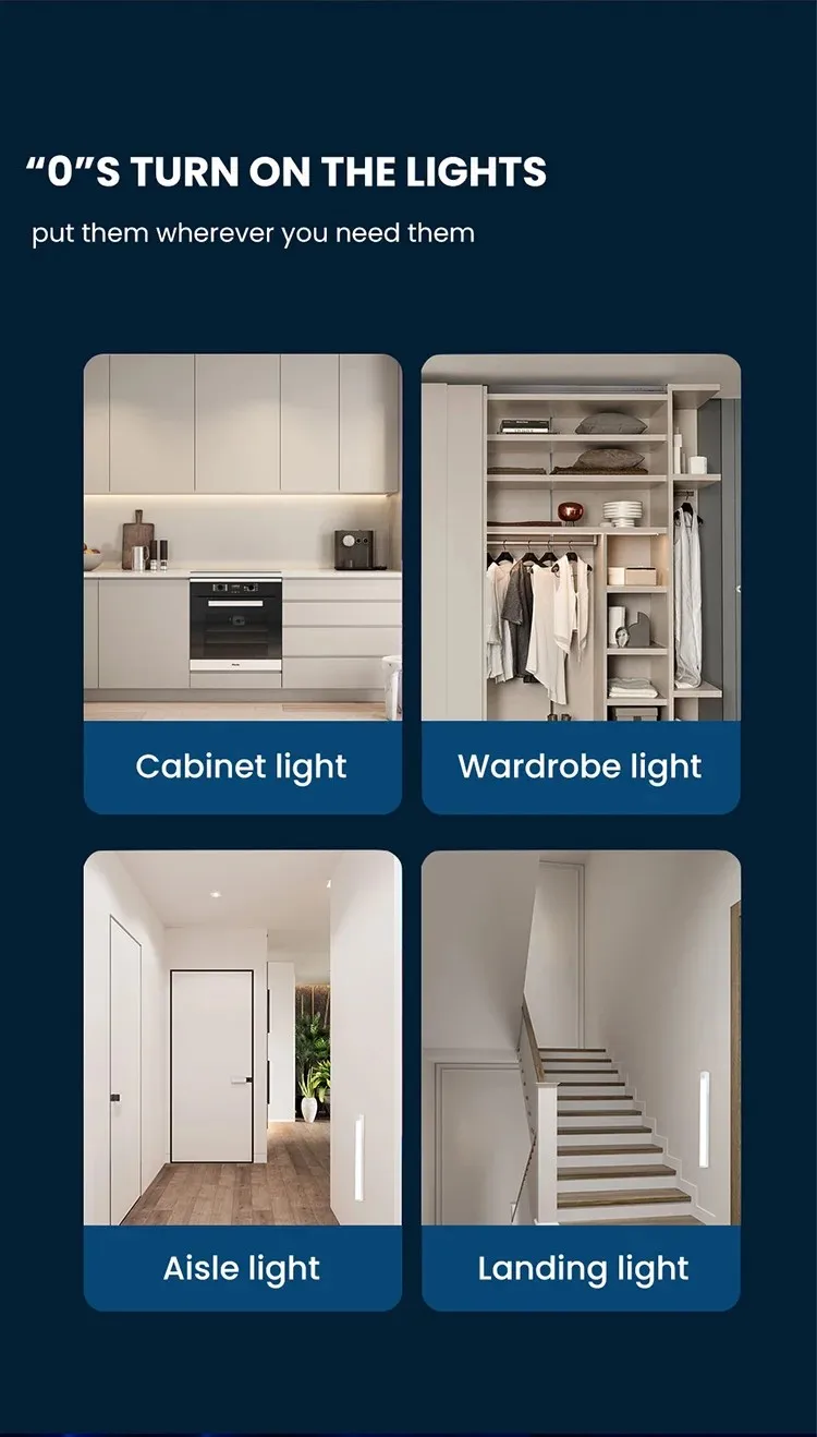 Motion Sensor Lamp Night Light Wireless LED USB Type C Rechargeable Lamp for Kitchen Cabinet Bedroom Wardrobe Staircase Lighting