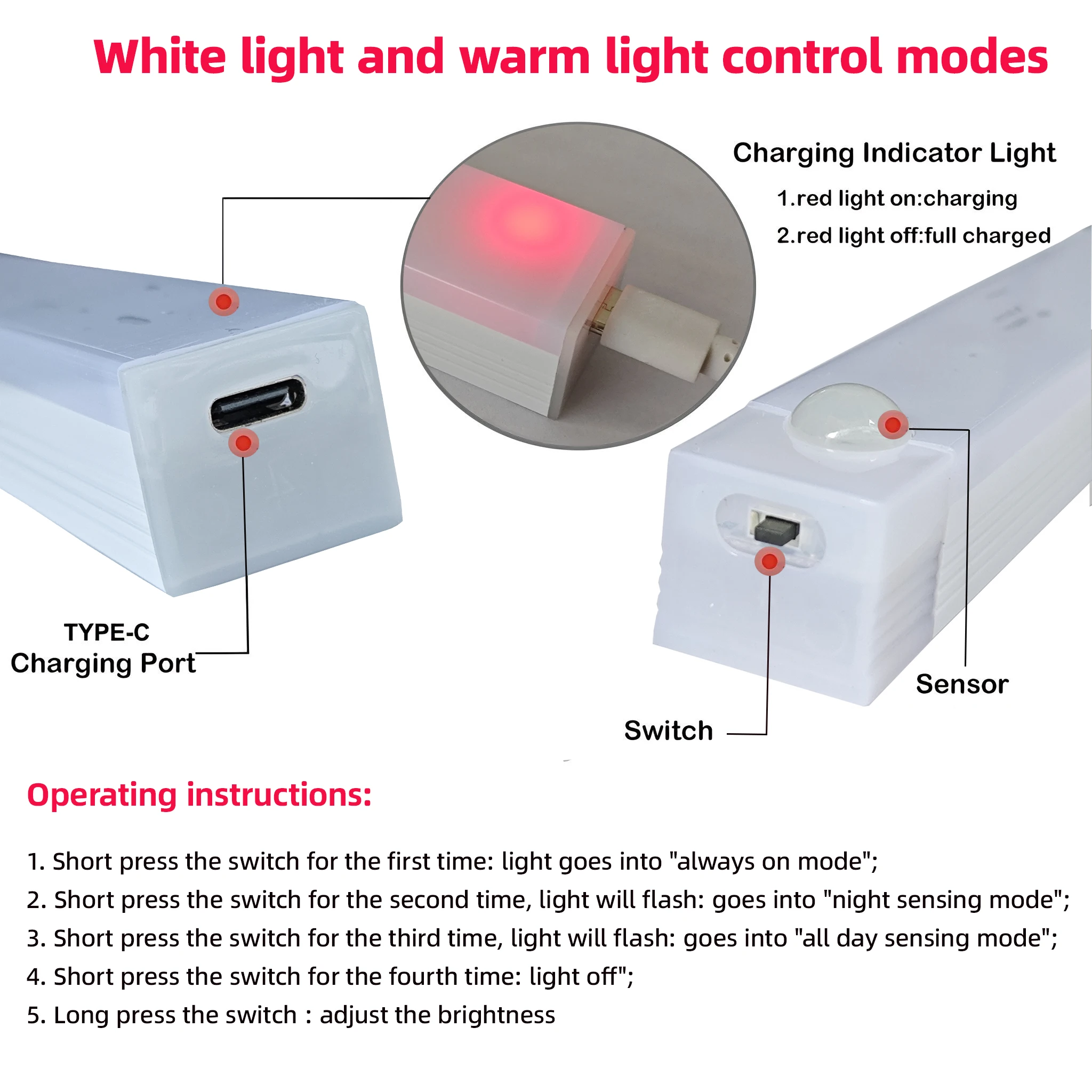 Motion Sensor Lamp Night Light Wireless LED USB Type C Rechargeable Lamp for Kitchen Cabinet Bedroom Wardrobe Staircase Lighting