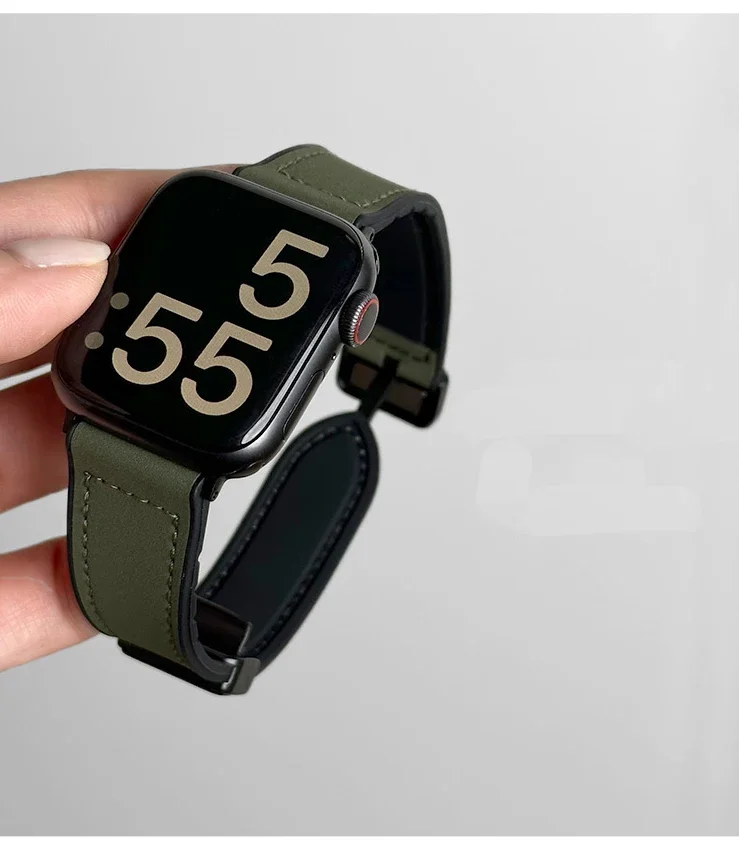Leather+Silicone Strap For Apple Watch Band Ultra 49mm 44mm 45mm 41mm 46mm 40mm 42mm Magnetic Bracelet iwatch Series 10 9 8 7 6