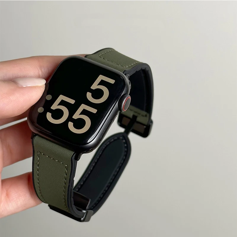 Leather+Silicone Strap For Apple Watch Band Ultra 49mm 44mm 45mm 41mm 46mm 40mm 42mm Magnetic Bracelet iwatch Series 10 9 8 7 6