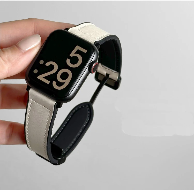 Leather+Silicone Strap For Apple Watch Band Ultra 49mm 44mm 45mm 41mm 46mm 40mm 42mm Magnetic Bracelet iwatch Series 10 9 8 7 6
